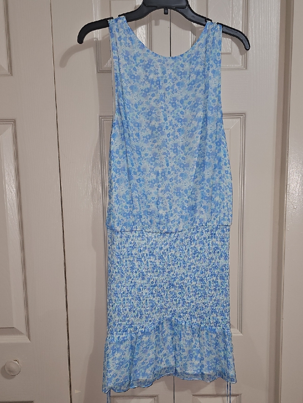 Light Blue Floral Sleeveless Mini Dress with Smocked Waist